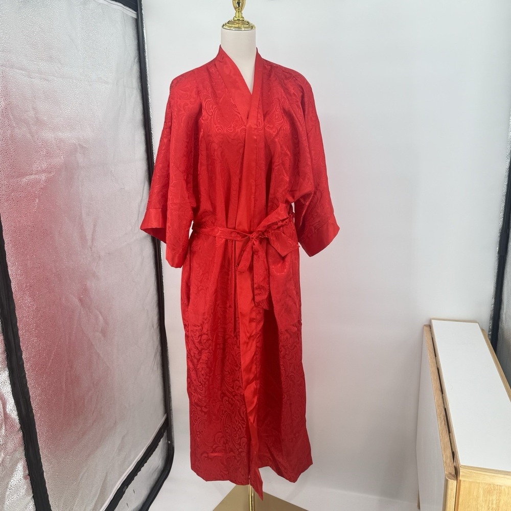 Vtg California‎ Dynasty Womens Kimono Robe Red Embossed Floral Sash